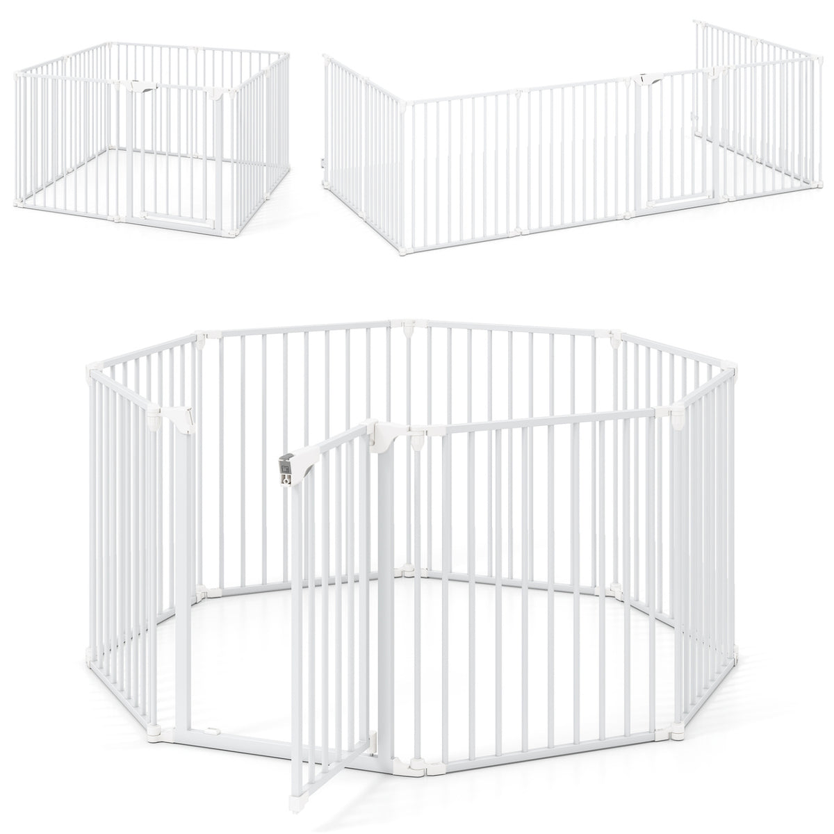 8-Panel Extra Wide Baby Gate with Locking Door - White, Adjustable & Auto-Close