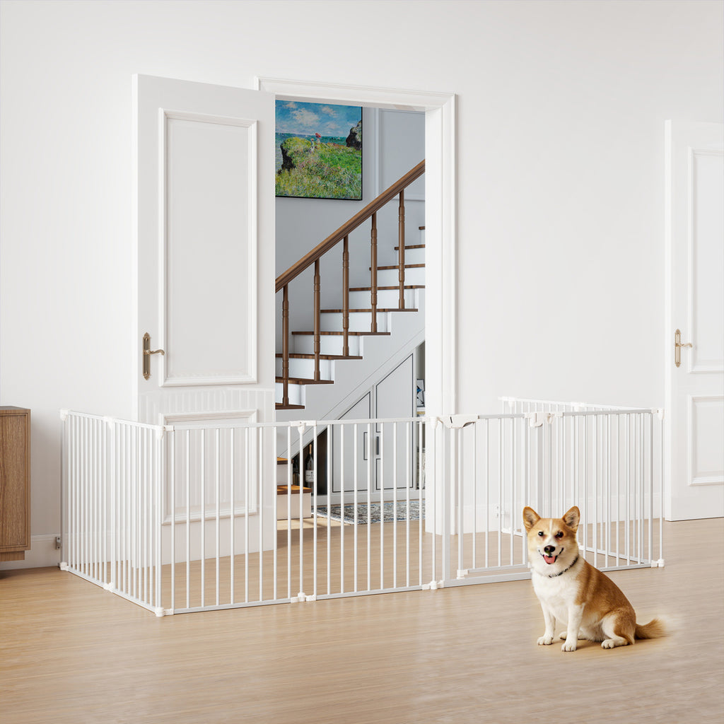 8-Panel Extra Wide Baby Gate with Locking Door - White, Adjustable & Auto-Close
