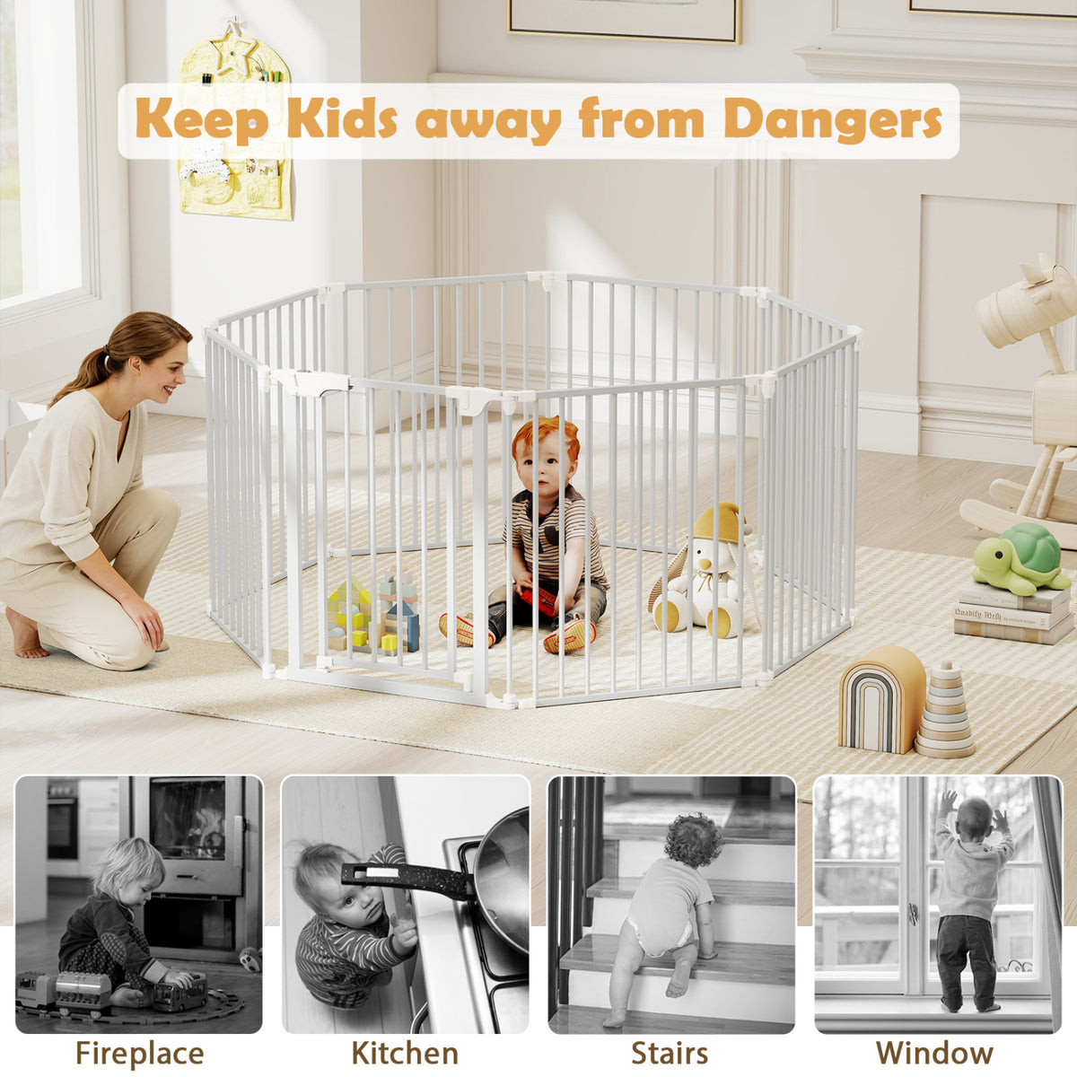 8-Panel Extra Wide Baby Gate with Locking Door - White, Adjustable & Auto-Close