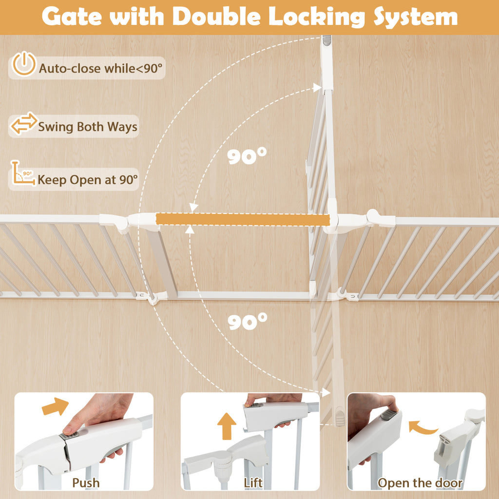 8-Panel Extra Wide Baby Gate with Locking Door - White, Adjustable & Auto-Close