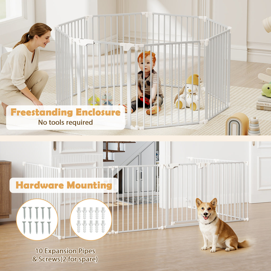 8-Panel Extra Wide Baby Gate with Locking Door - White, Adjustable & Auto-Close