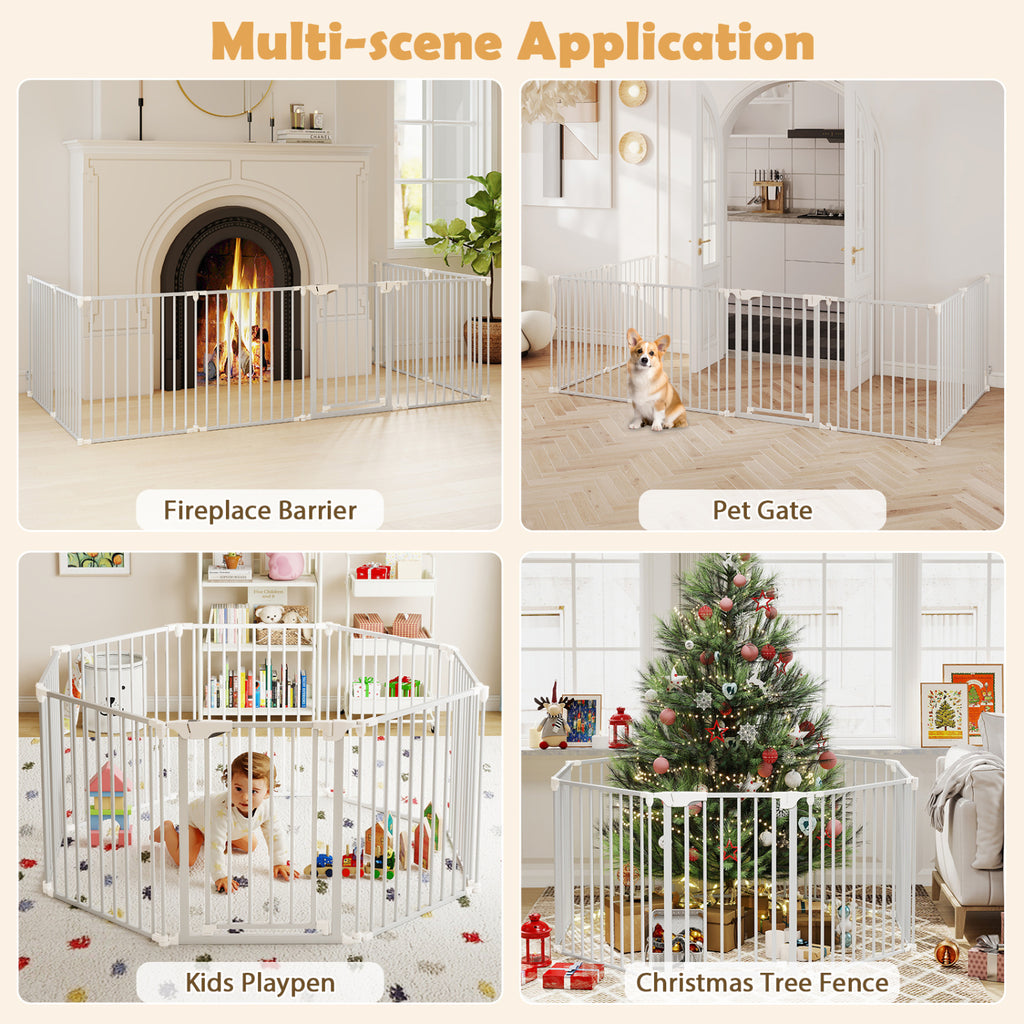 8-Panel Extra Wide Baby Gate with Locking Door - White, Adjustable & Auto-Close
