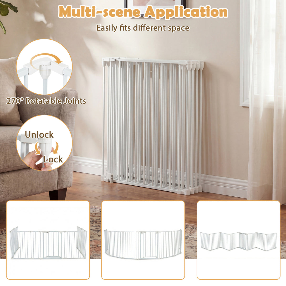 8-Panel Extra Wide Baby Gate with Locking Door - White, Adjustable & Auto-Close
