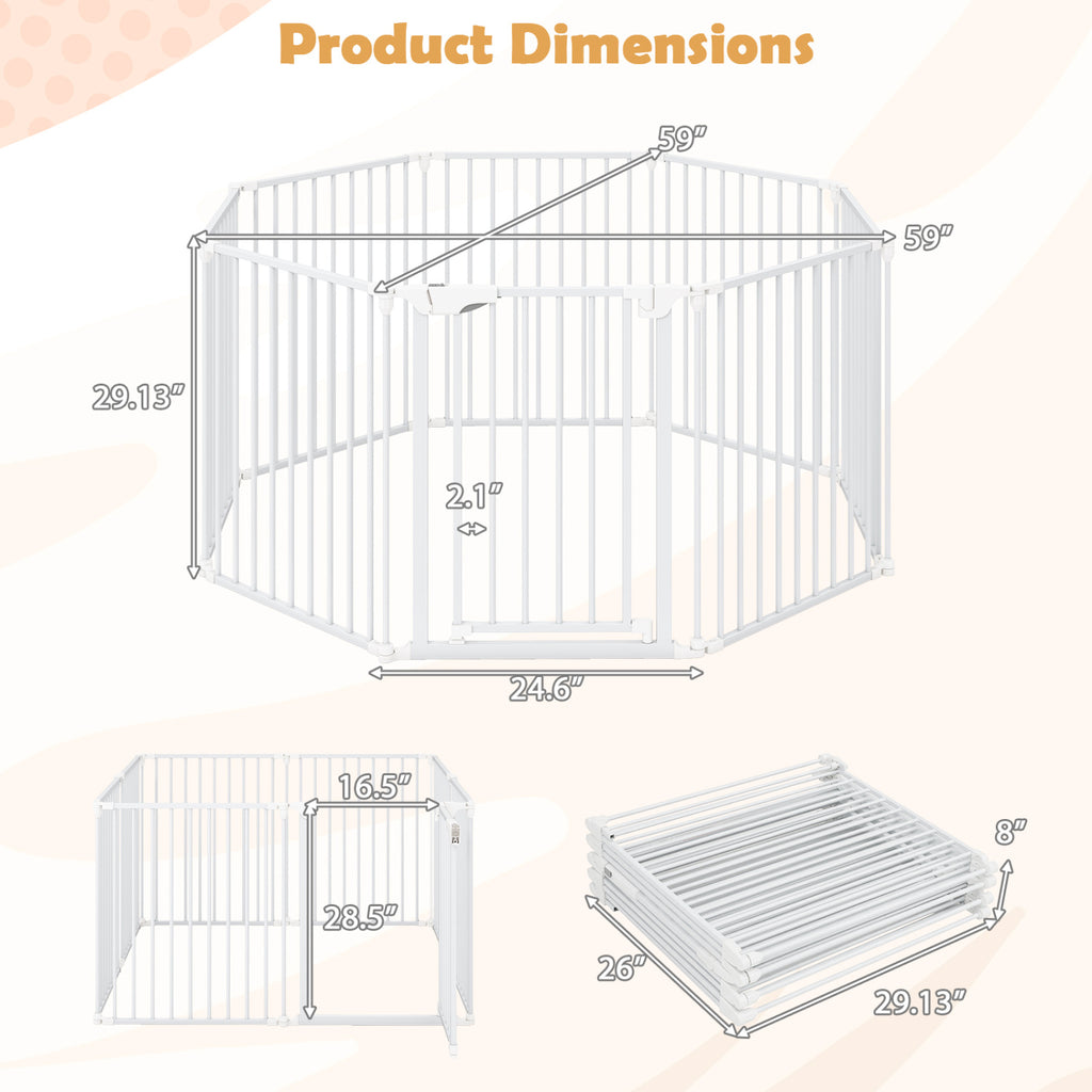 8-Panel Extra Wide Baby Gate with Locking Door - White, Adjustable & Auto-Close