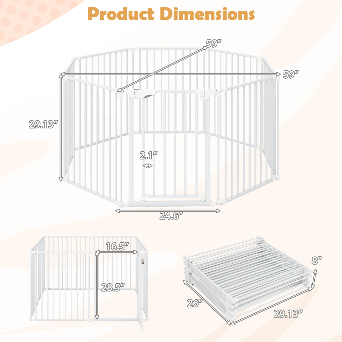 8-Panel Extra Wide Baby Gate with Locking Door - White, Adjustable & Auto-Close
