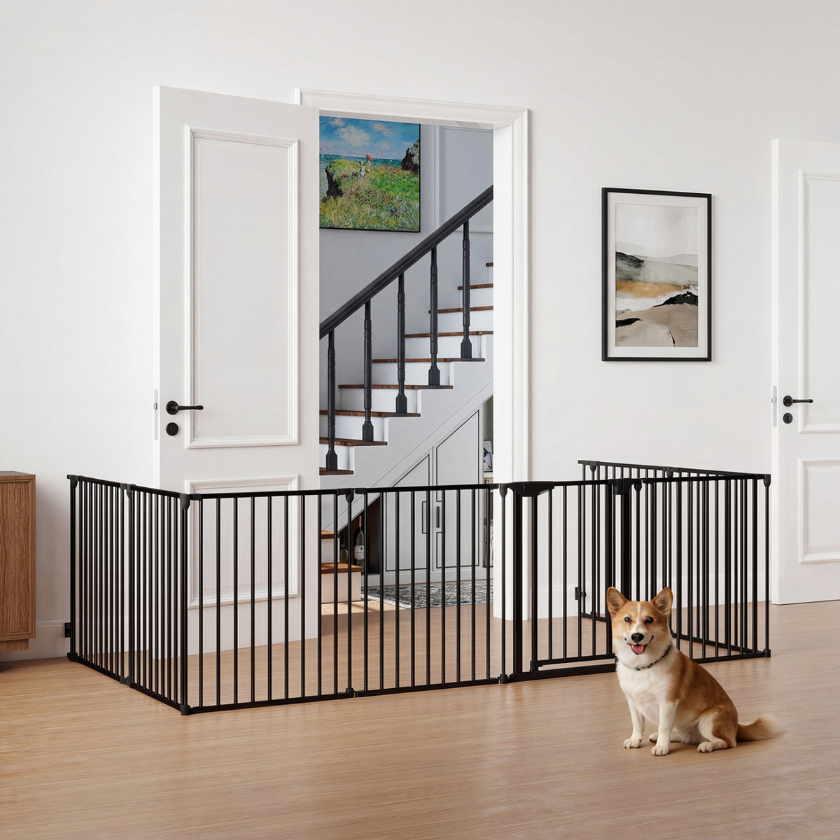 8-Panel Extra Wide Baby Gate with Locking Door - White, Adjustable & Auto-Close
