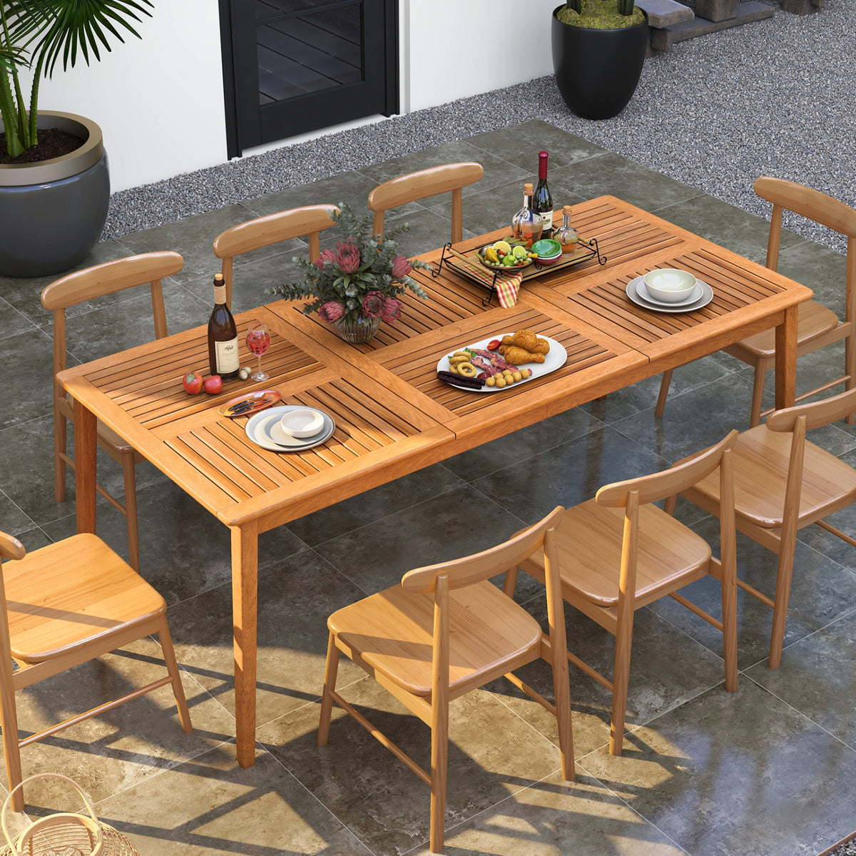 8-Person Acacia Wood Outdoor Dining Table with Umbrella Hole – 80" x 35"