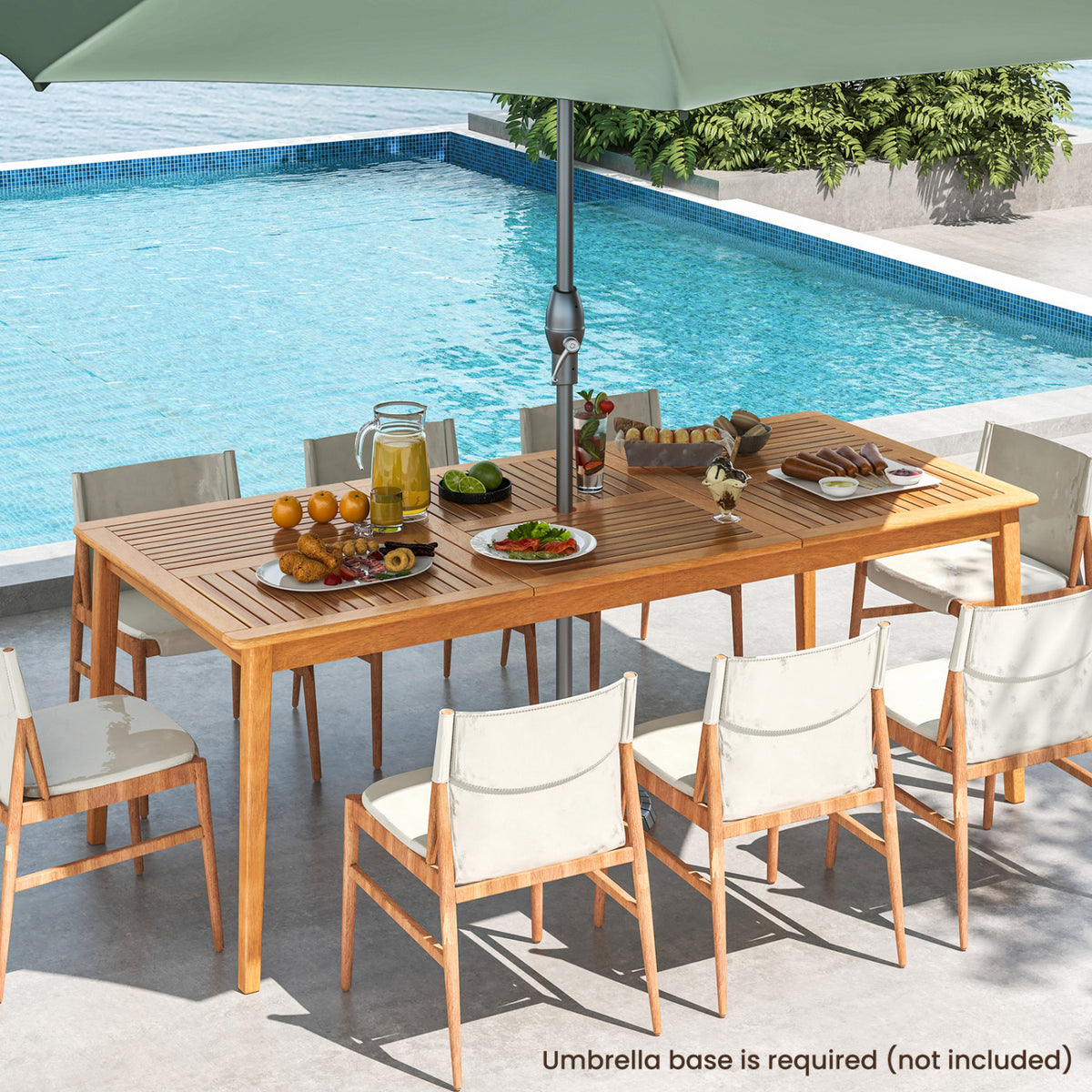 8-Person Acacia Wood Outdoor Dining Table with Umbrella Hole – 80" x 35"