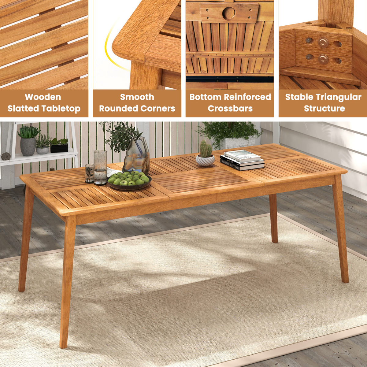 8-Person Acacia Wood Outdoor Dining Table with Umbrella Hole – 80" x 35"