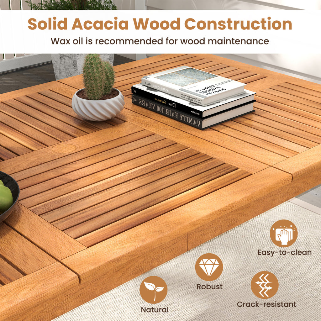8-Person Acacia Wood Outdoor Dining Table with Umbrella Hole – 80" x 35"