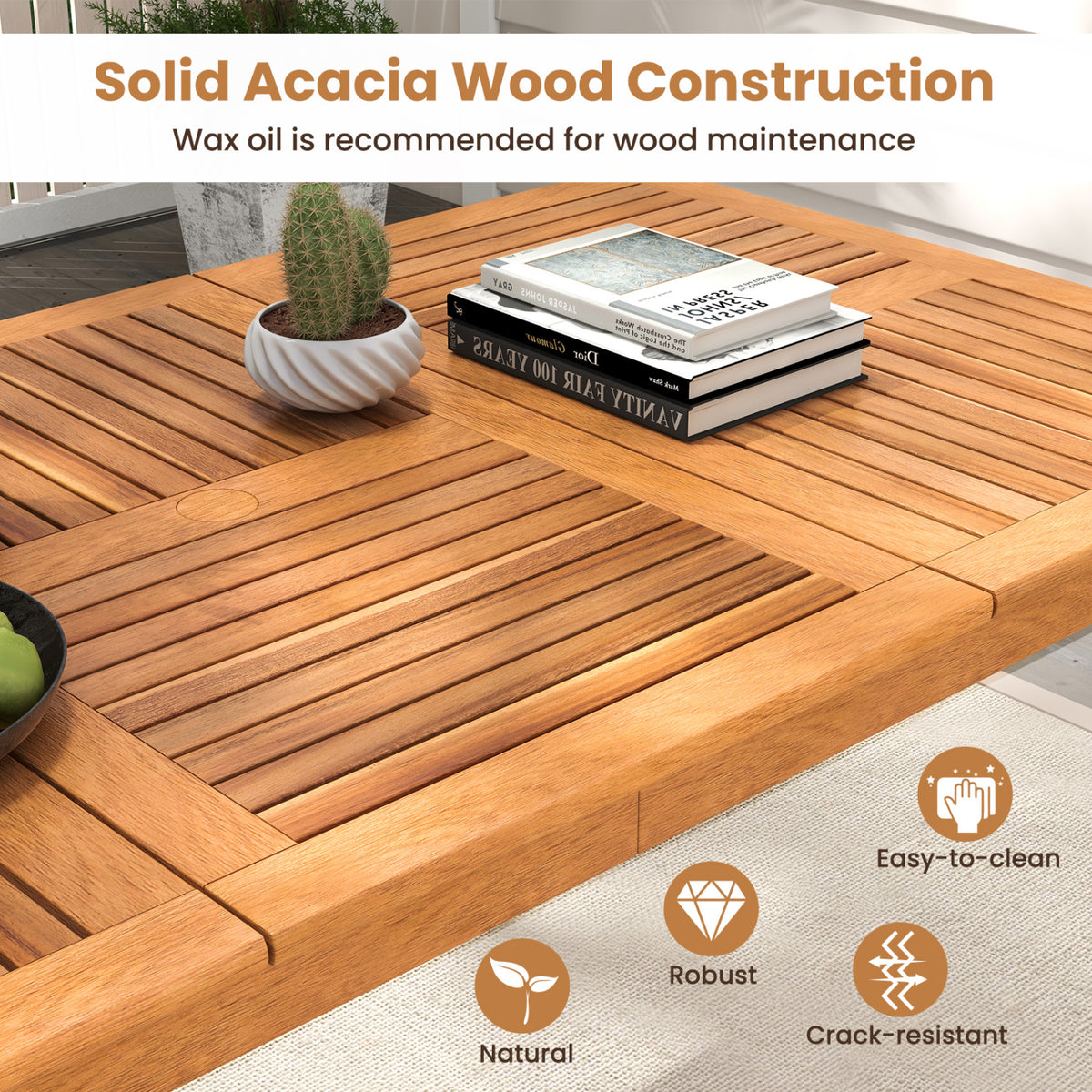 8-Person Acacia Wood Outdoor Dining Table with Umbrella Hole – 80" x 35"