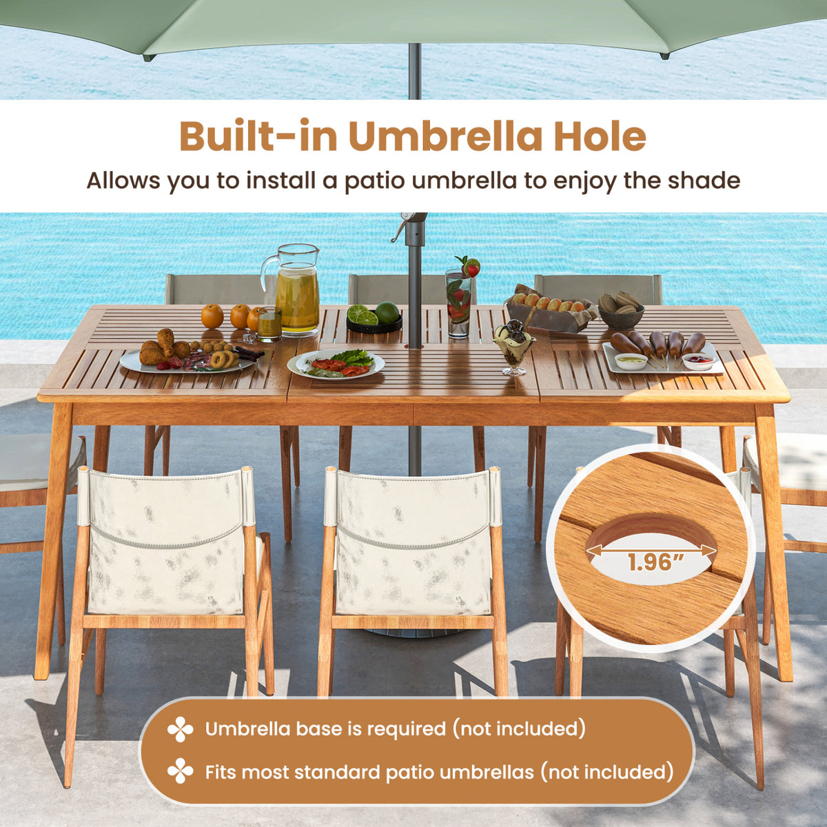 8-Person Acacia Wood Outdoor Dining Table with Umbrella Hole – 80" x 35"
