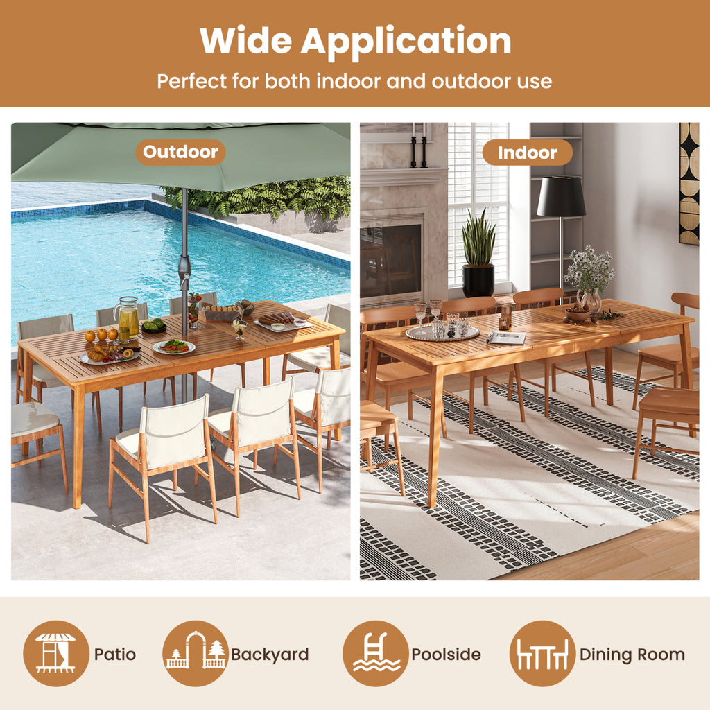 8-Person Acacia Wood Outdoor Dining Table with Umbrella Hole – 80" x 35"