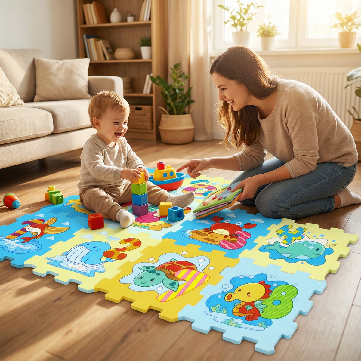 Interlocking Baby Play Mat with Animals and Numbers - Style 2, 8 Pieces