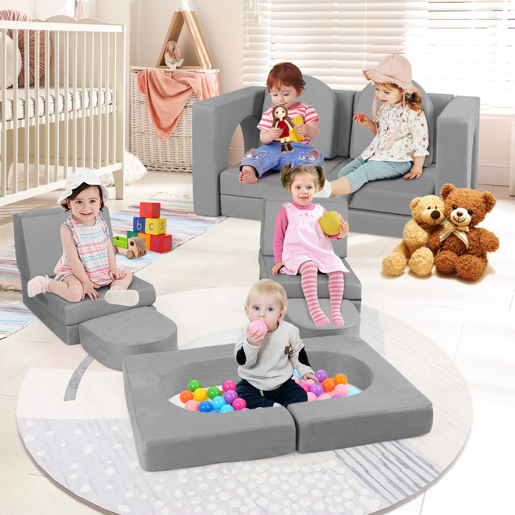 Kids Modular Play Couch with 8 Pieces & Ottoman - Gray Suede Fabric