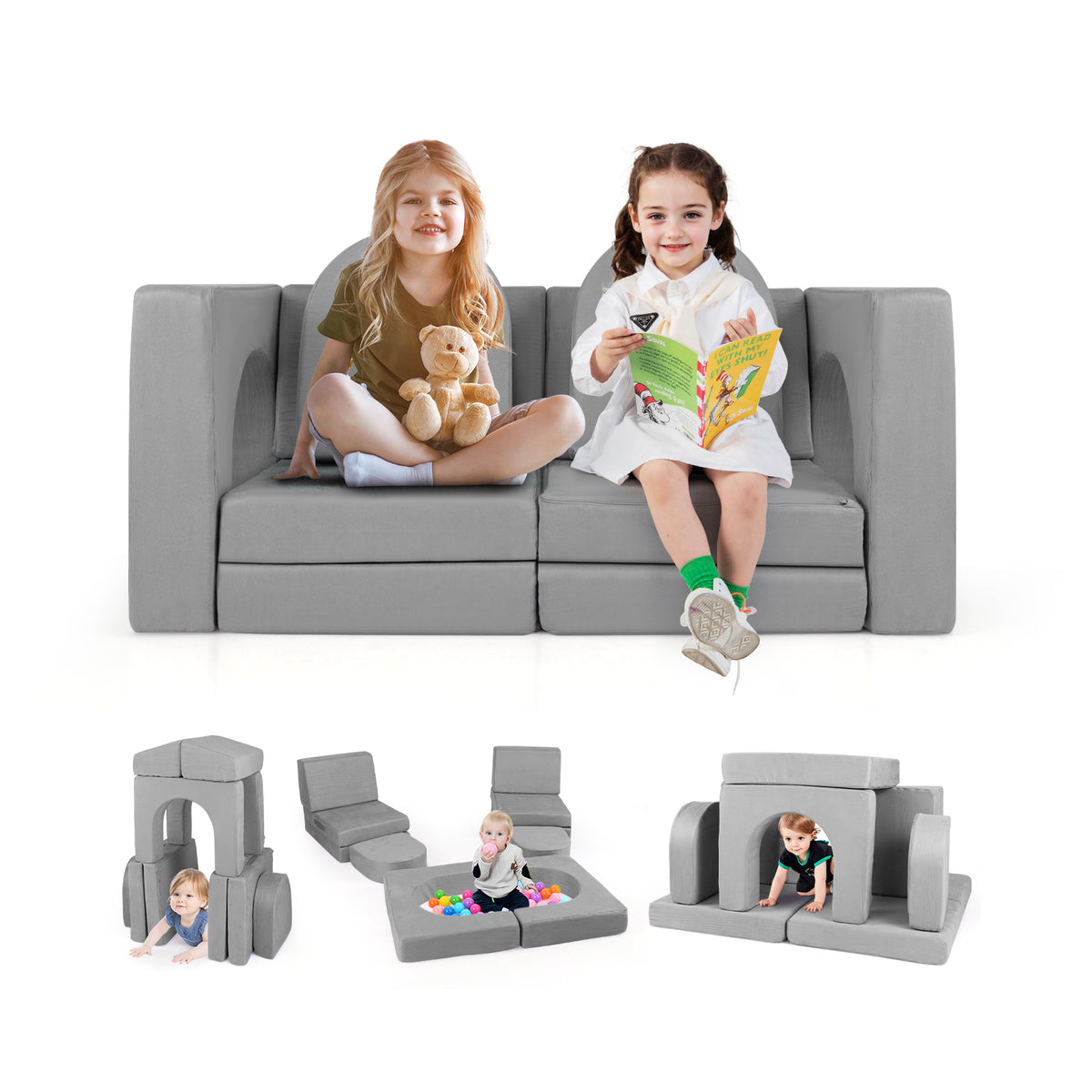 Kids Modular Play Couch with 8 Pieces & Ottoman - Gray Suede Fabric