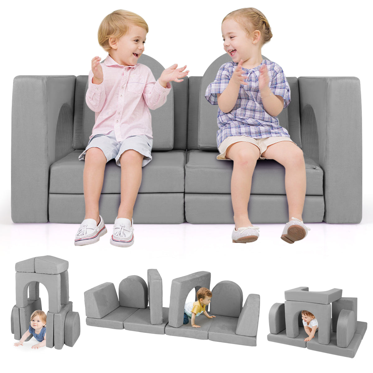 Kids Modular Play Couch with 8 Pieces & Ottoman - Gray Suede Fabric