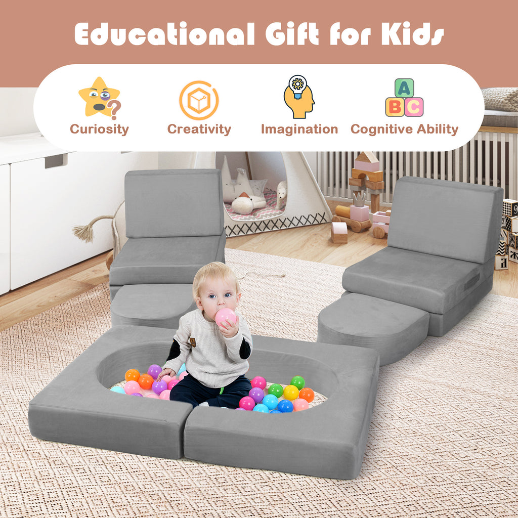 Kids Modular Play Couch with 8 Pieces & Ottoman - Gray Suede Fabric