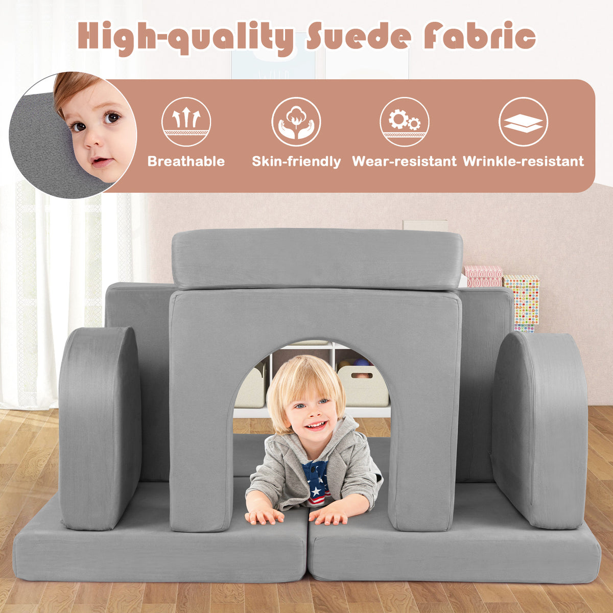 Kids Modular Play Couch with 8 Pieces & Ottoman - Gray Suede Fabric