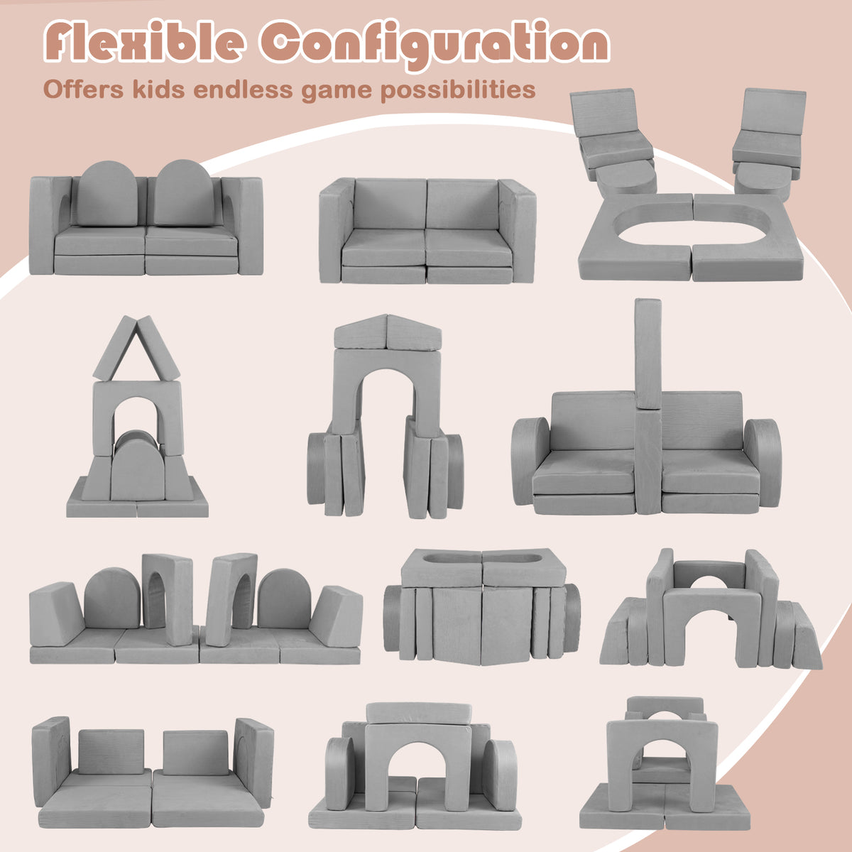 Kids Modular Play Couch with 8 Pieces & Ottoman - Gray Suede Fabric