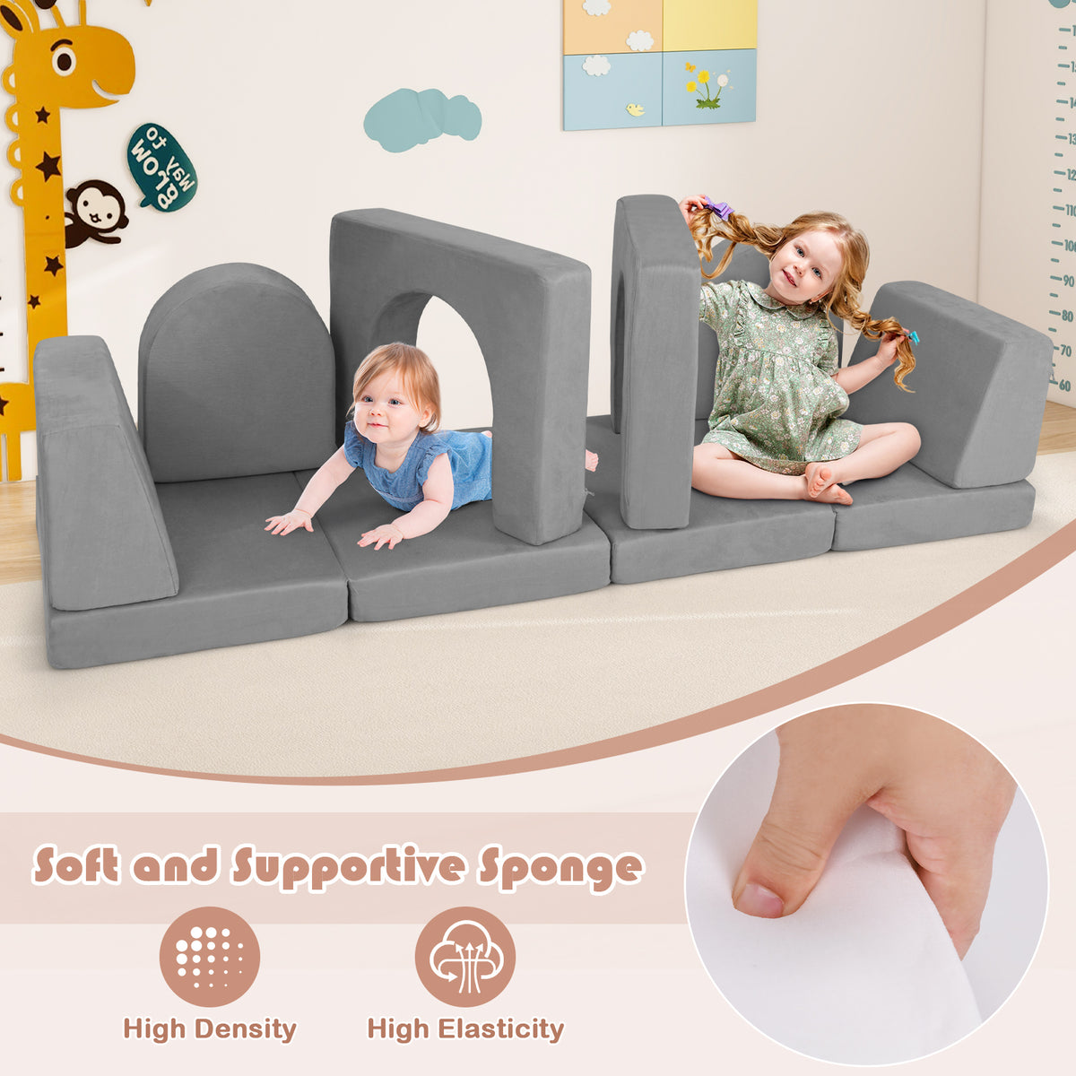 Kids Modular Play Couch with 8 Pieces & Ottoman - Gray Suede Fabric