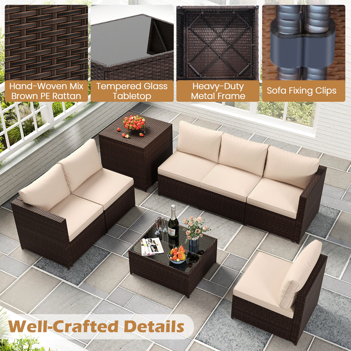 8 Piece Patio Furniture Set with Storage Box and Tempered Glass
