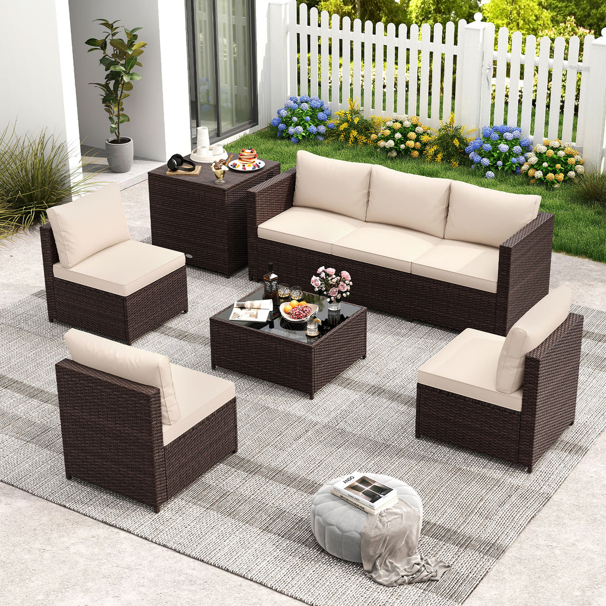 8 Piece Patio Furniture Set with Storage Box and Tempered Glass