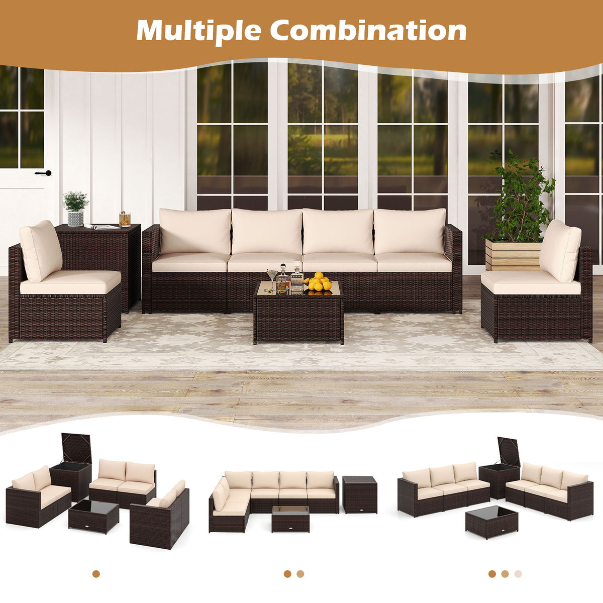 8 Piece Patio Furniture Set with Storage Box and Tempered Glass
