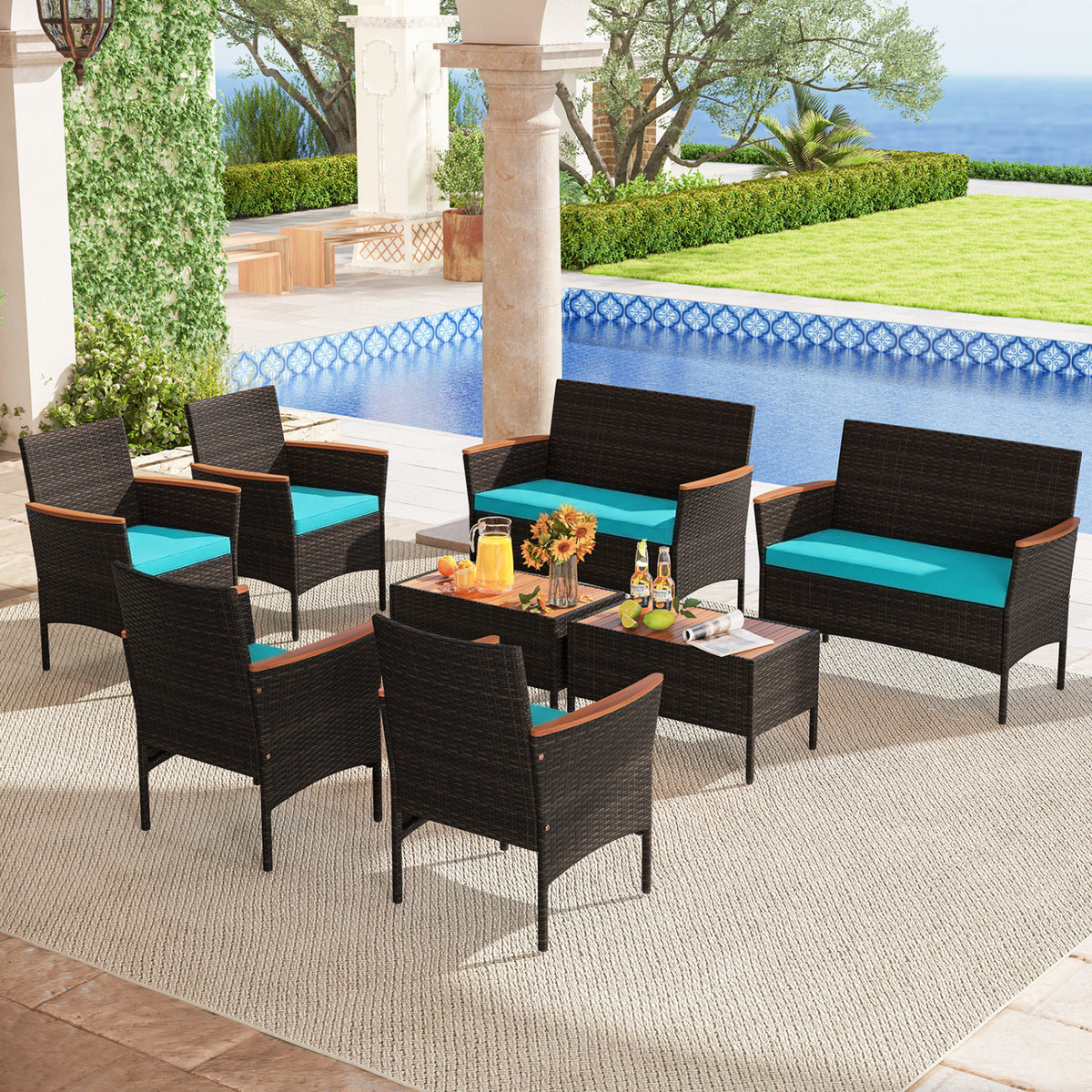 8 Piece Patio Wicker Sofa Set 4 Rattan Chairs and 2 Loveseat with