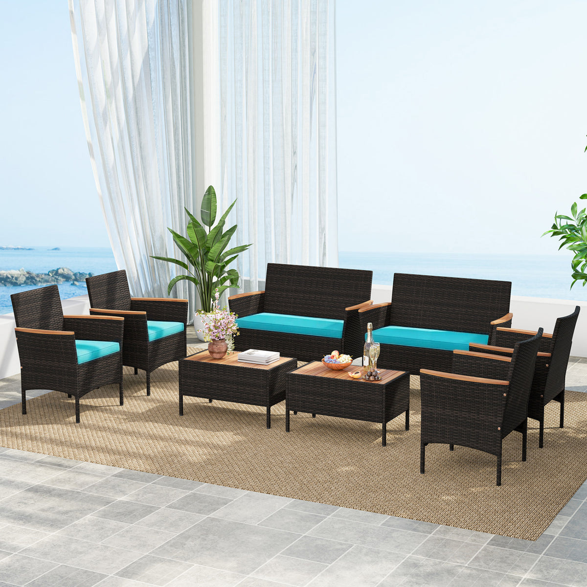8 Piece Patio Wicker Sofa Set 4 Rattan Chairs and 2 Loveseat with