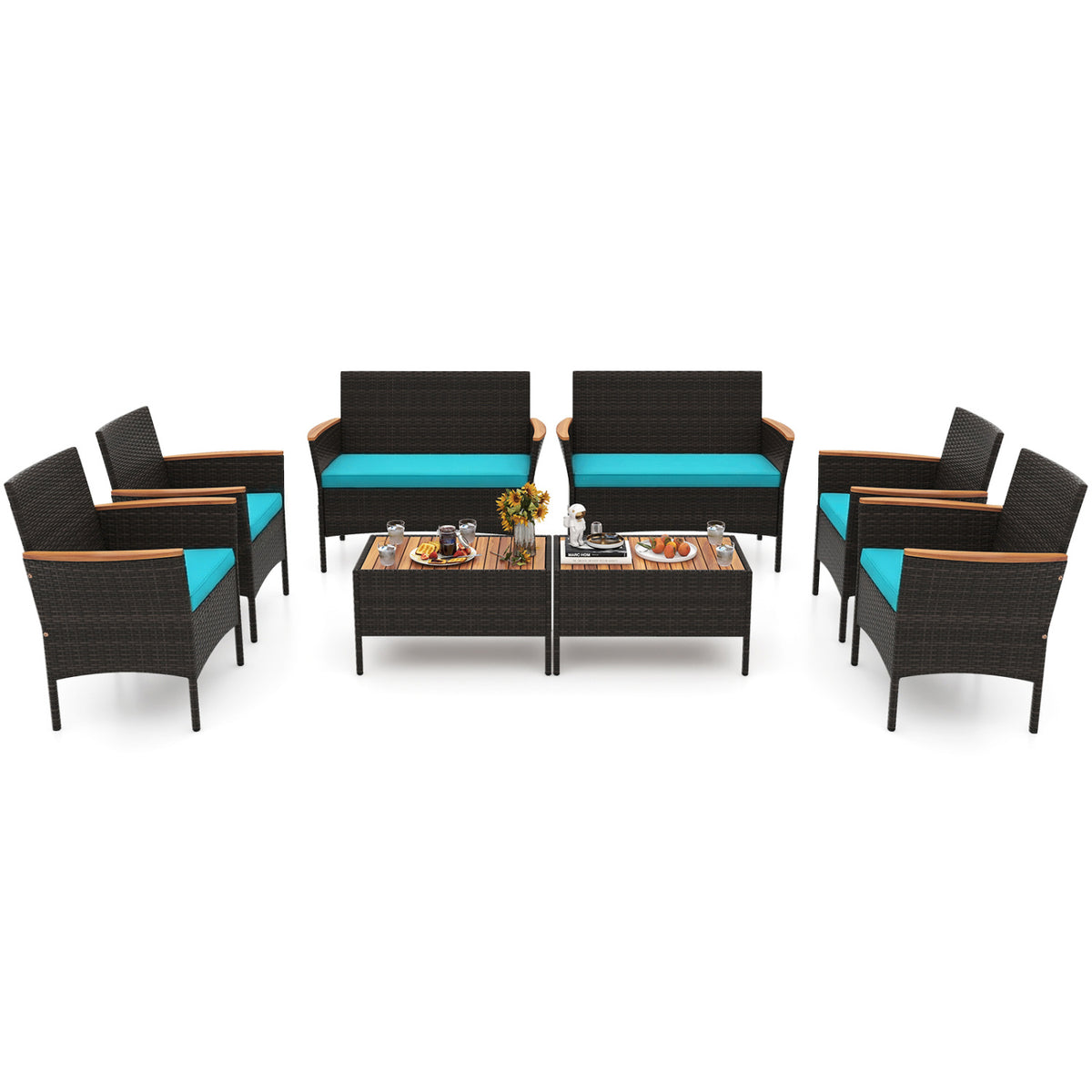 8 Piece Patio Wicker Sofa Set 4 Rattan Chairs and 2 Loveseat with