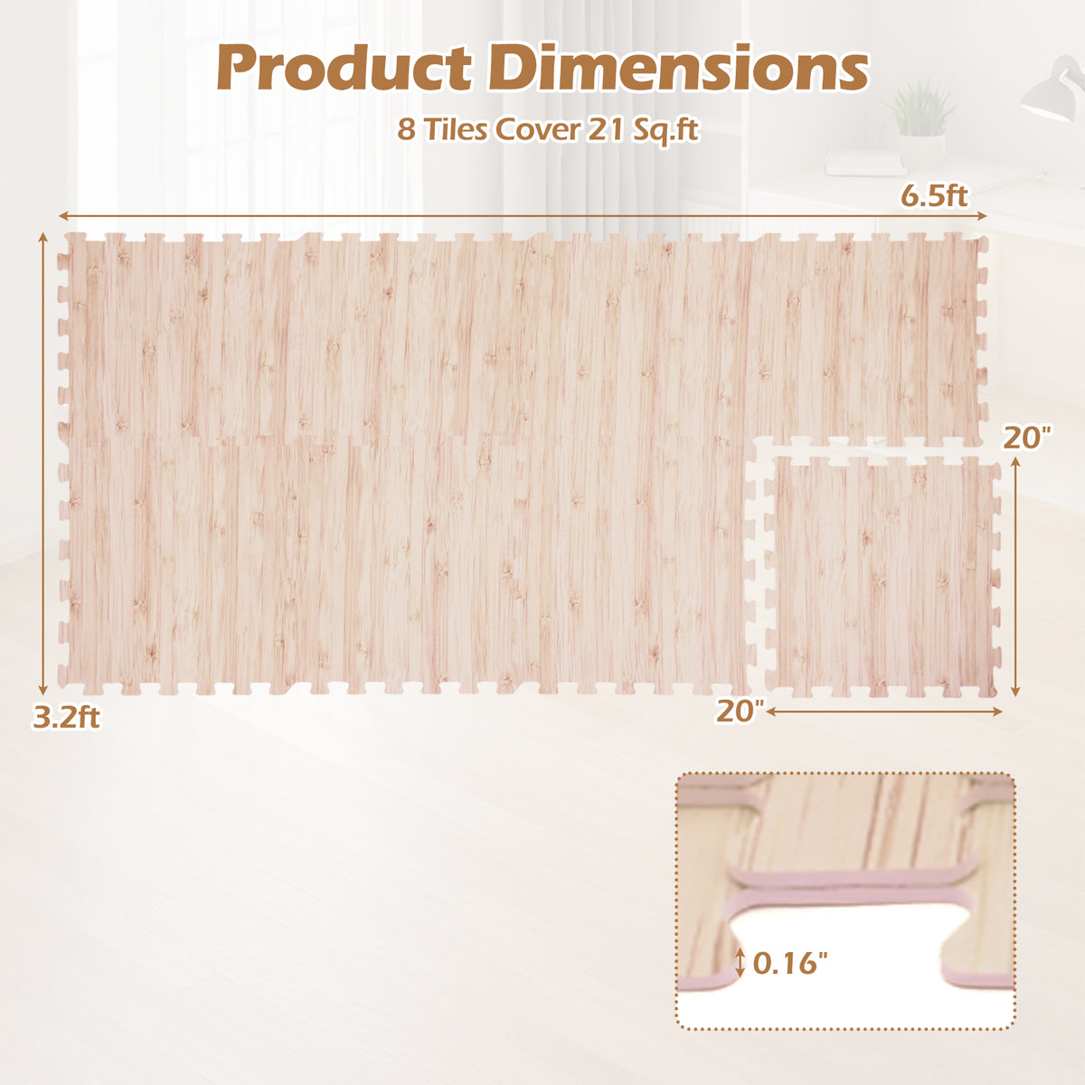 8 Pieces EVA Foam Floor Tiles with Wood Texture - Interlocking & Cuttable