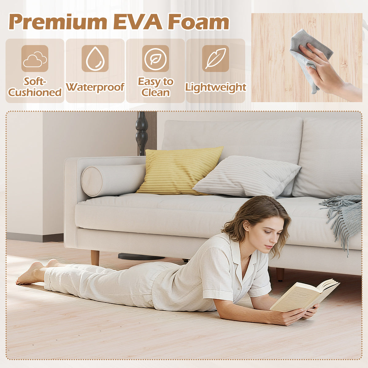 8 Pieces EVA Foam Floor Tiles with Wood Texture - Interlocking & Cuttable