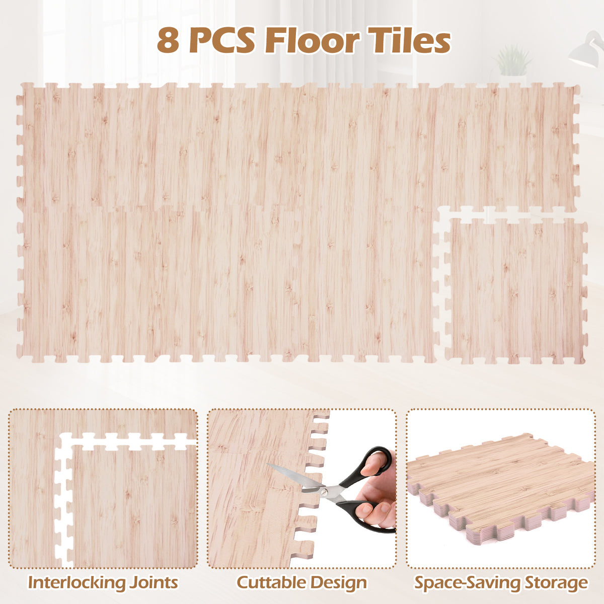 8 Pieces EVA Foam Floor Tiles with Wood Texture - Interlocking & Cuttable