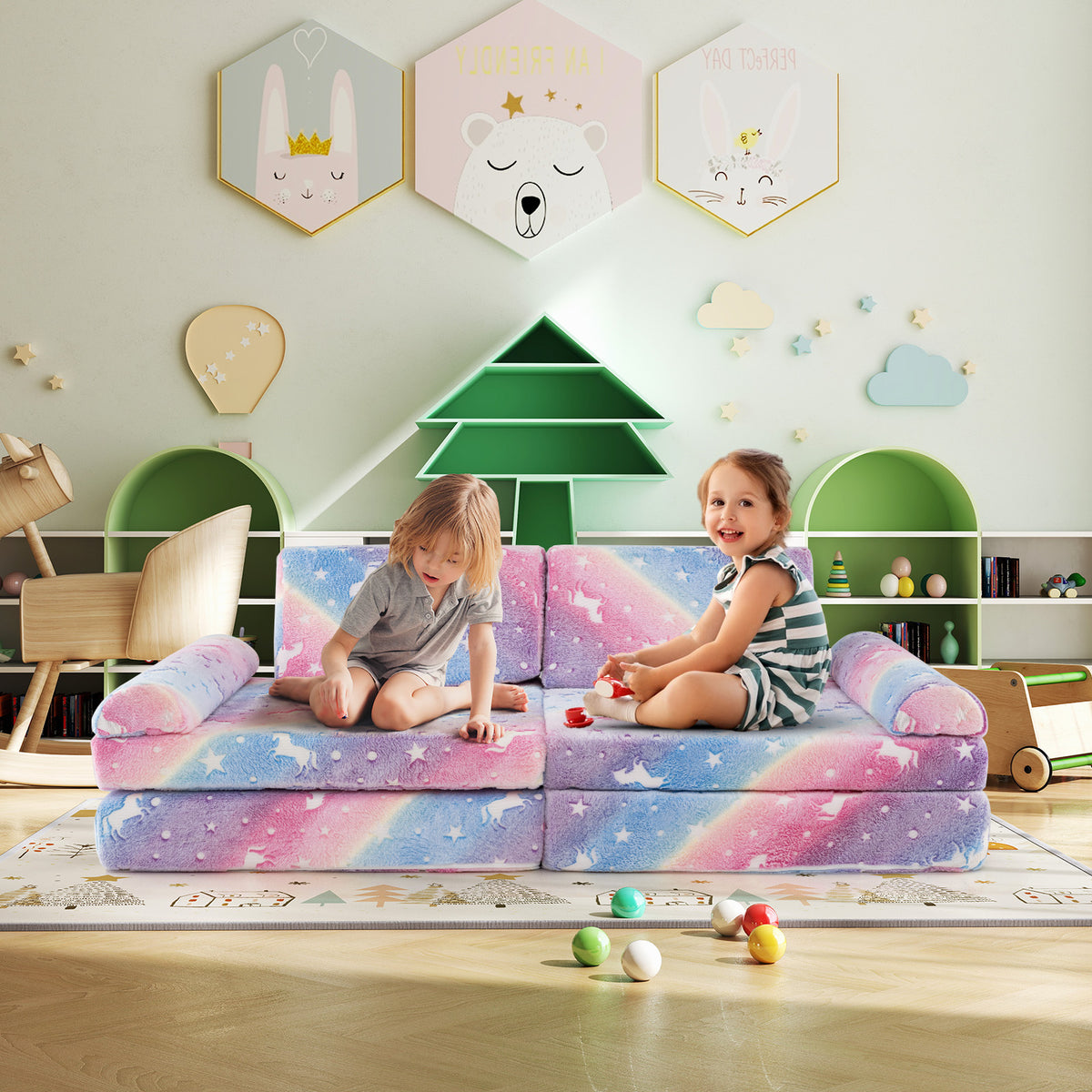 Multicolor Glow-in-the-Dark Kids Play Couch 8-Piece Modular Toddler Sectional Sofa