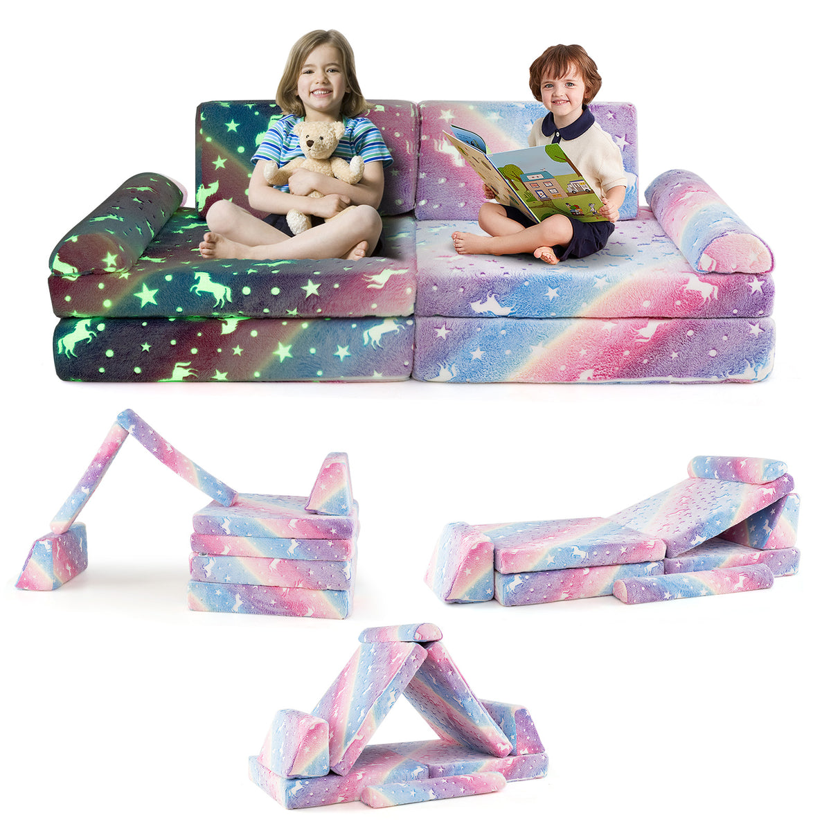 Multicolor Glow-in-the-Dark Kids Play Couch 8-Piece Modular Toddler Sectional Sofa