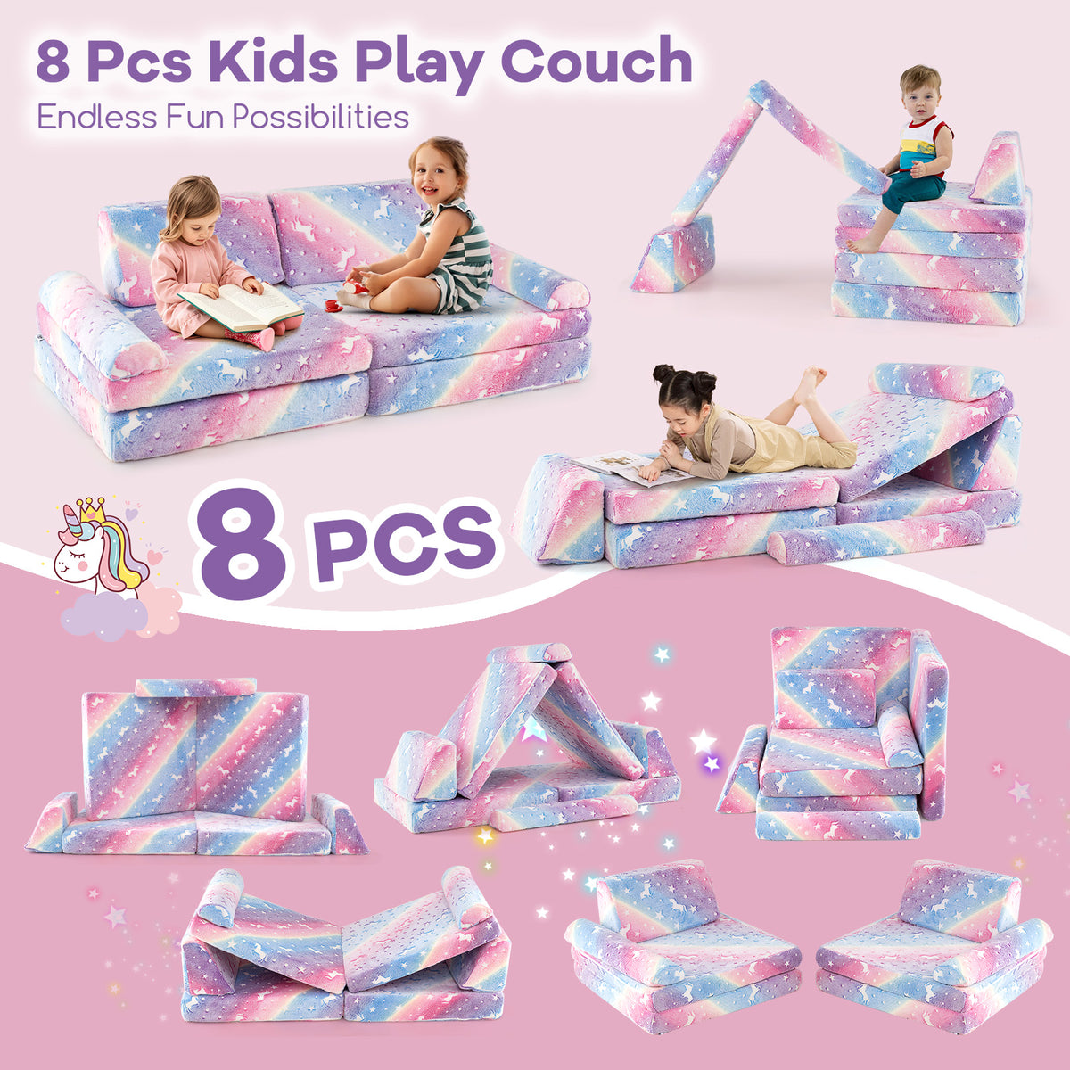 Multicolor Glow-in-the-Dark Kids Play Couch 8-Piece Modular Toddler Sectional Sofa
