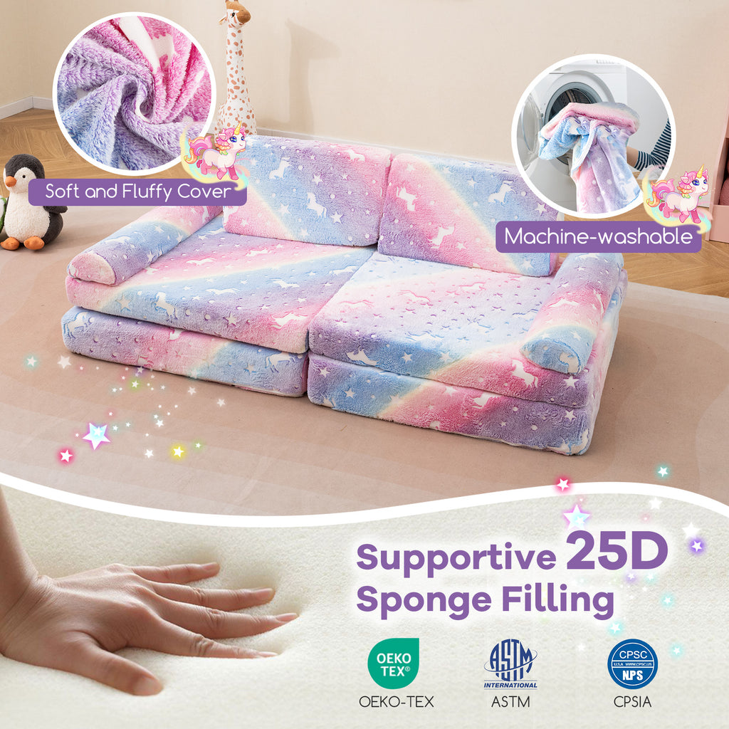 Multicolor Glow-in-the-Dark Kids Play Couch 8-Piece Modular Toddler Sectional Sofa
