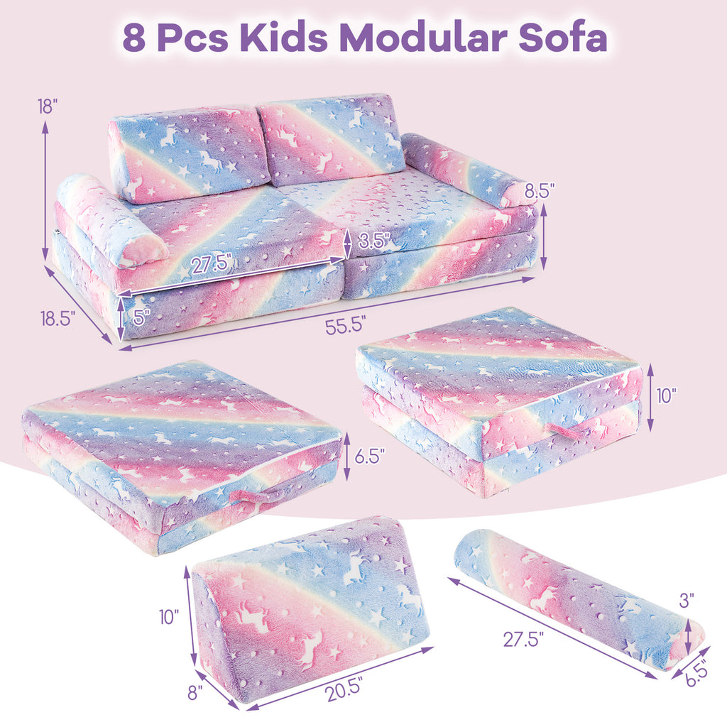 Multicolor Glow-in-the-Dark Kids Play Couch 8-Piece Modular Toddler Sectional Sofa