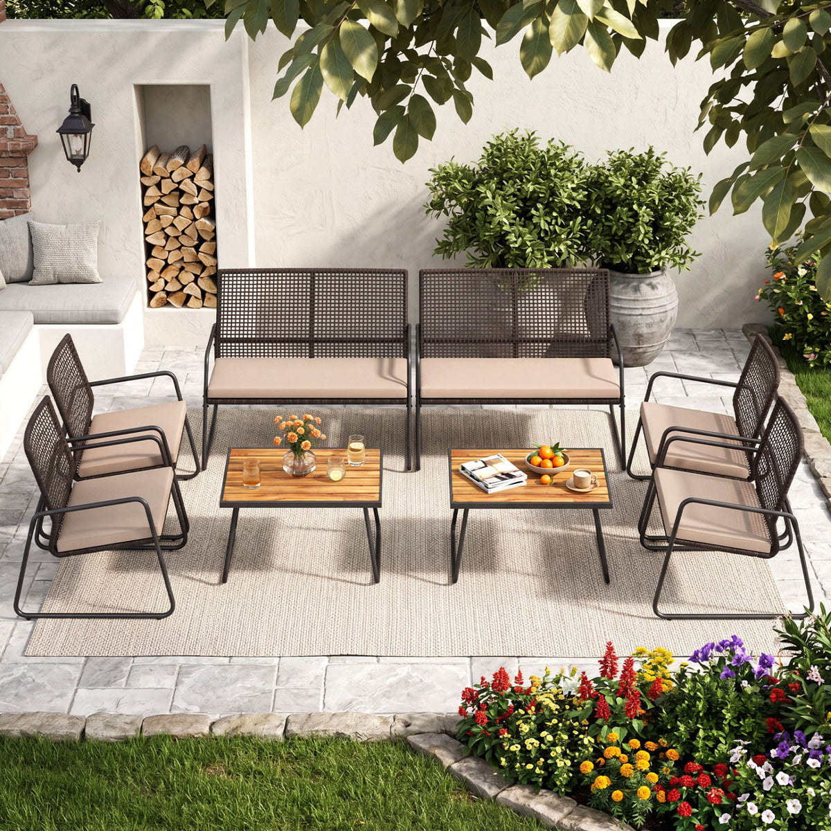 8 Pieces Patio Furniture Set with Acacia Wood Coffee Table and