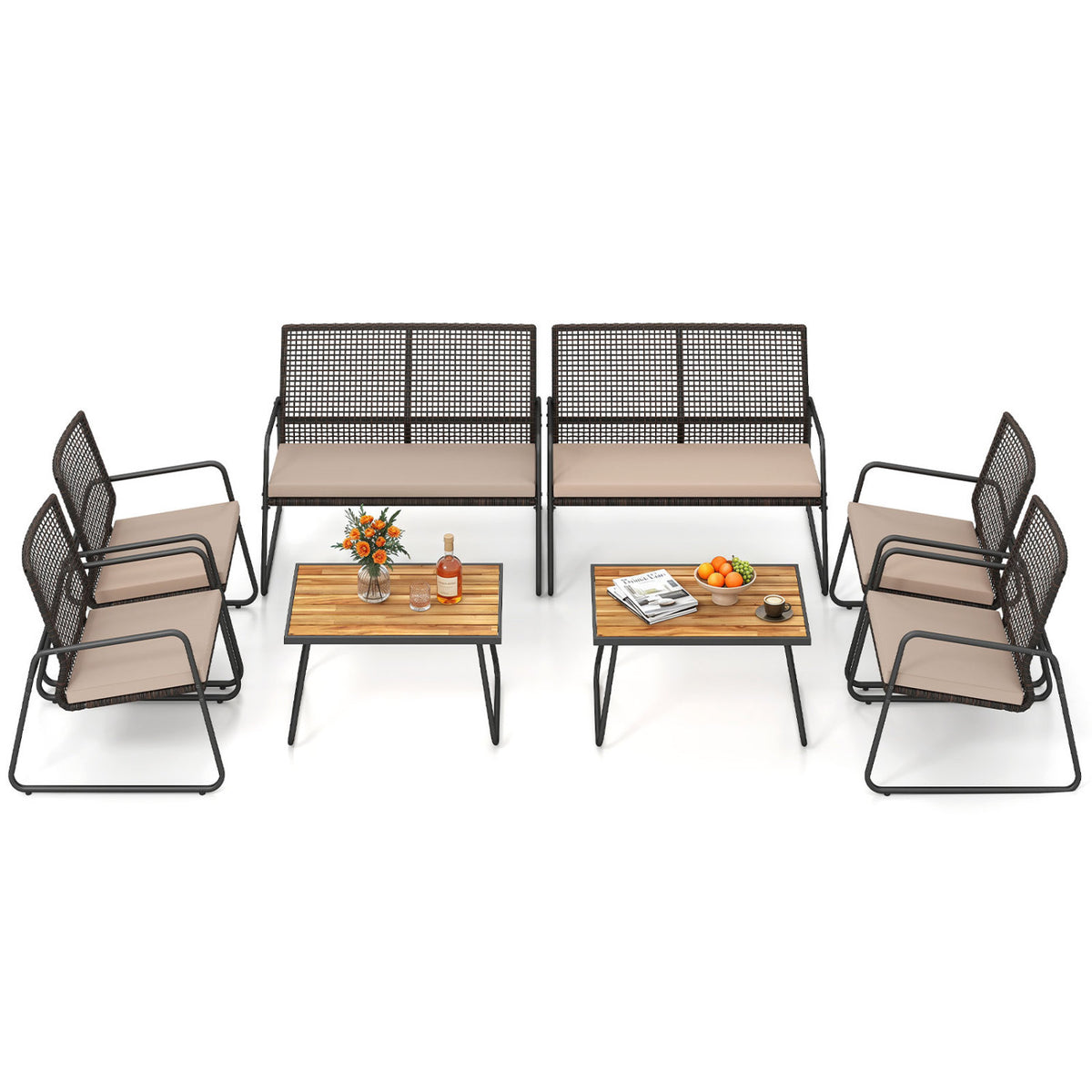 8 Pieces Patio Furniture Set with Acacia Wood Coffee Table and