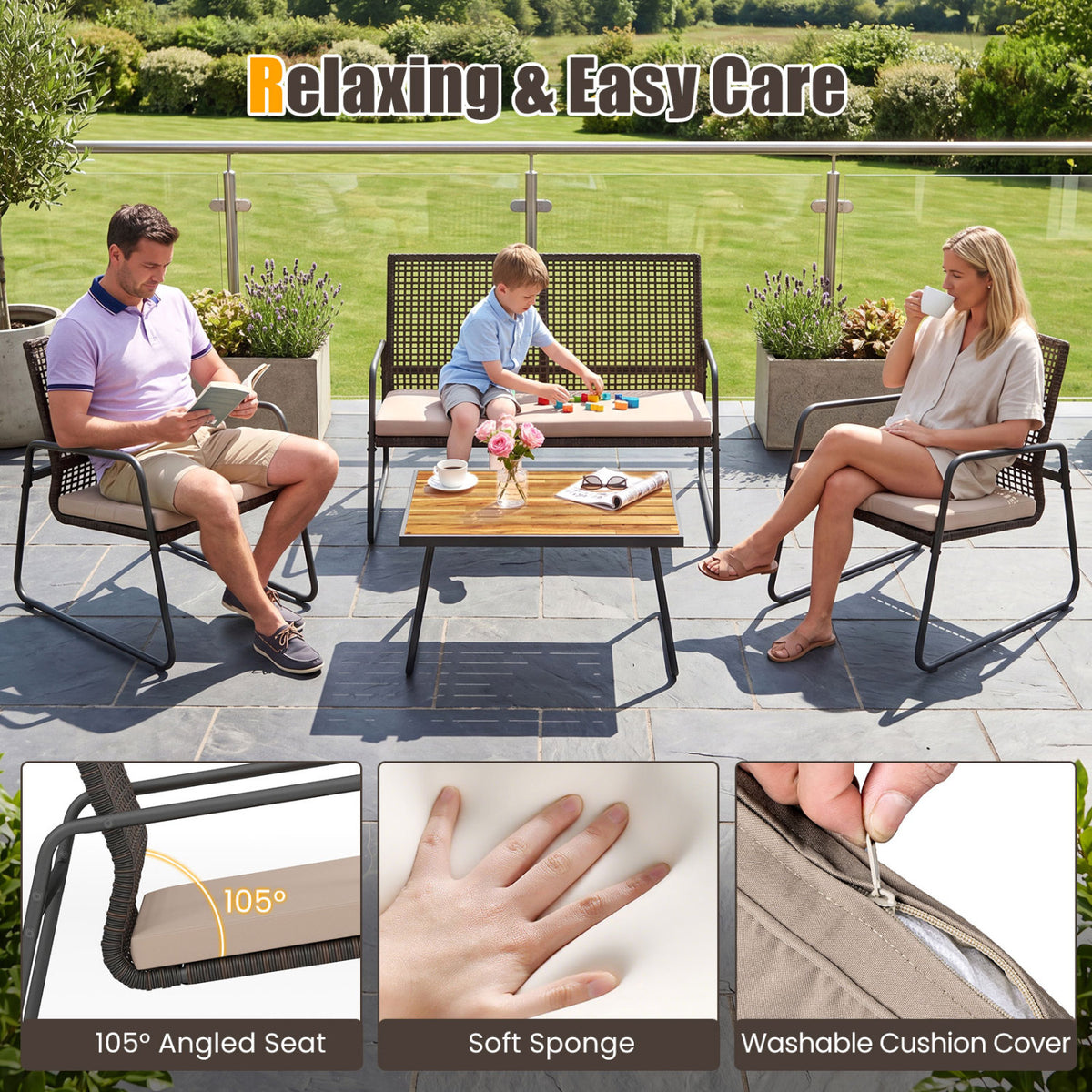 8 Pieces Patio Furniture Set with Acacia Wood Coffee Table and