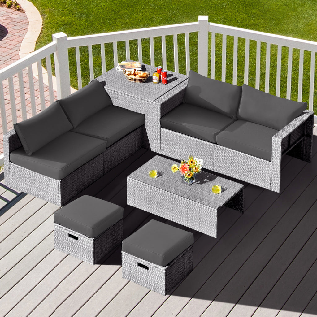 8 Pieces Patio Rattan Furniture Set with Storage Waterproof Cover and