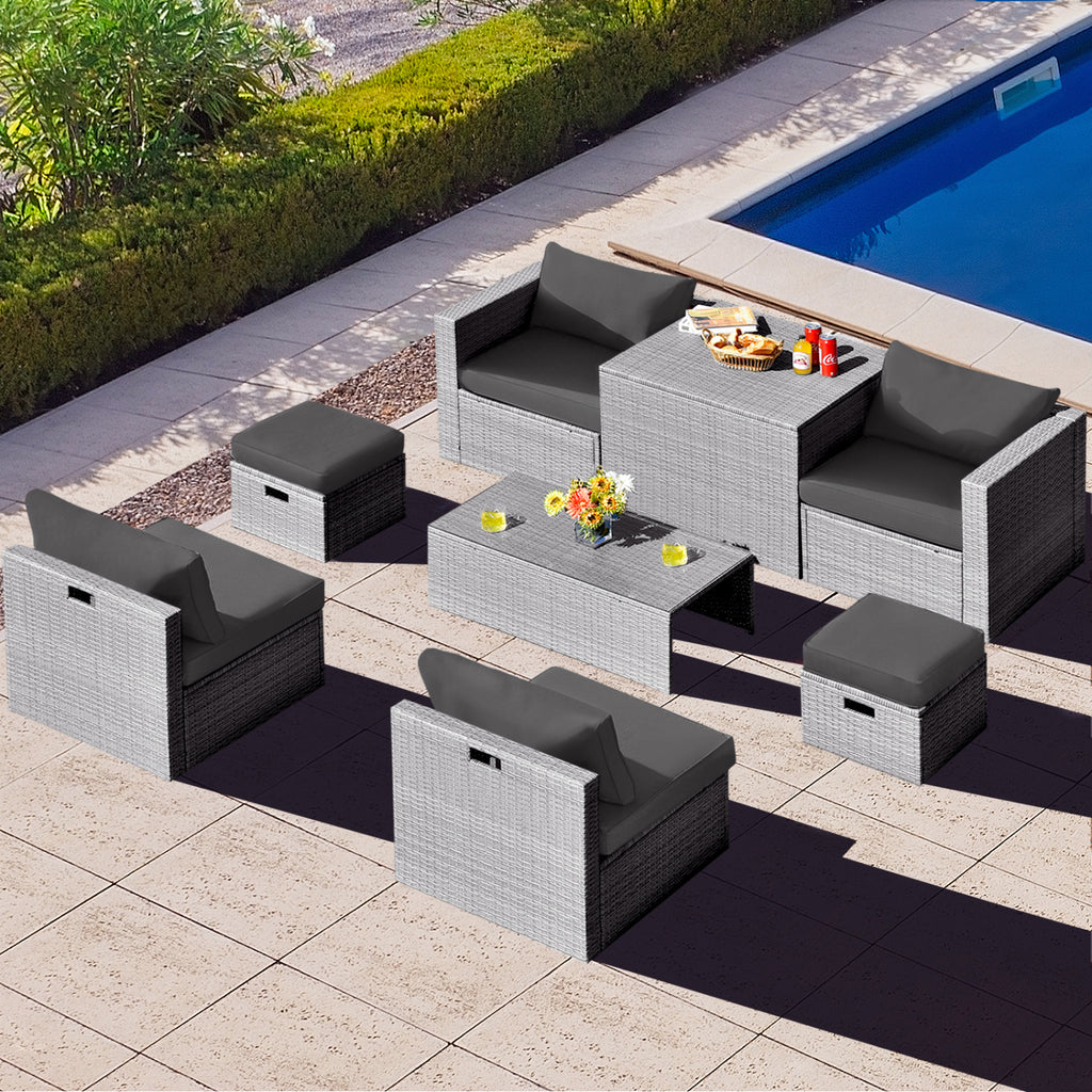 8 Pieces Patio Rattan Furniture Set with Storage Waterproof Cover and