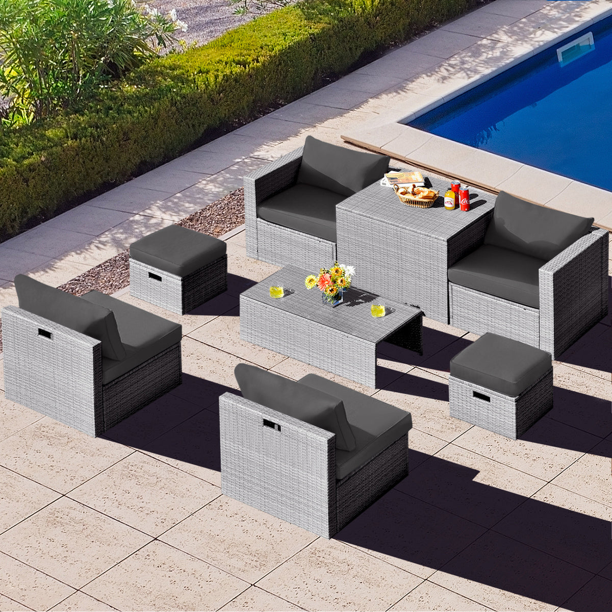8 Pieces Patio Rattan Furniture Set with Storage Waterproof Cover and
