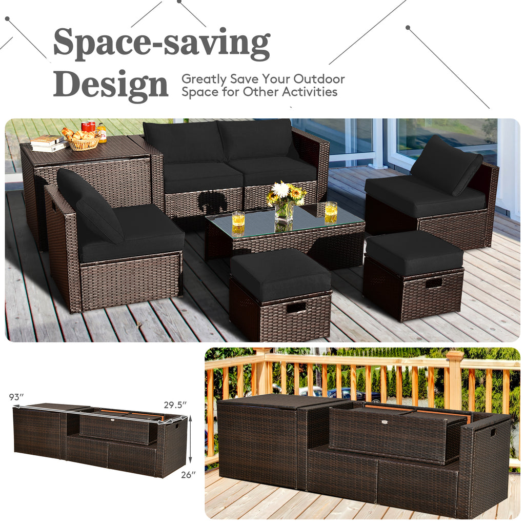 8-Piece Patio Rattan Furniture Set with Storage Box & Waterproof Cover - Brown & Black