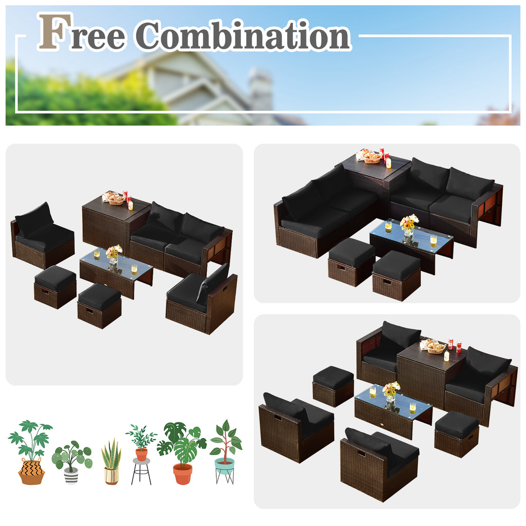 8-Piece Patio Rattan Furniture Set with Storage Box & Waterproof Cover - Brown & Black