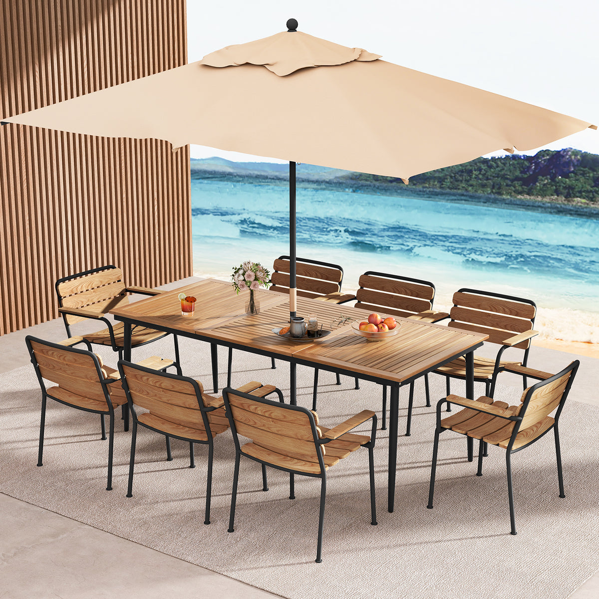 79 Inch Acacia Wood Outdoor Dining Table for 8 with 1.9 Umbrella Hole
