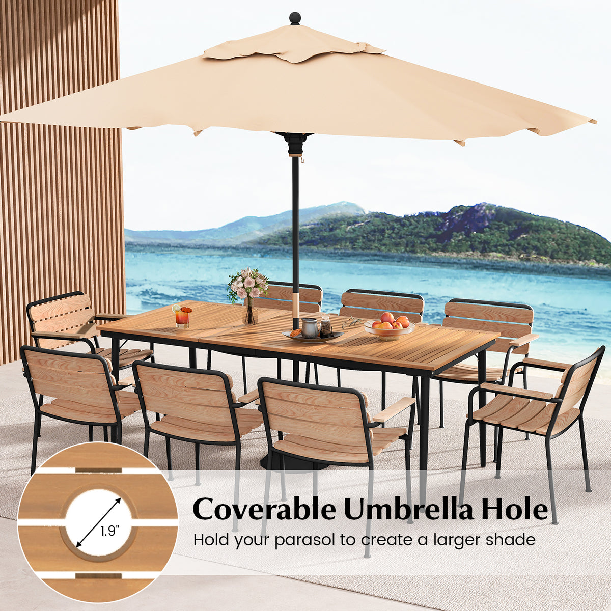 79 Inch Acacia Wood Outdoor Dining Table for 8 with 1.9 Umbrella Hole