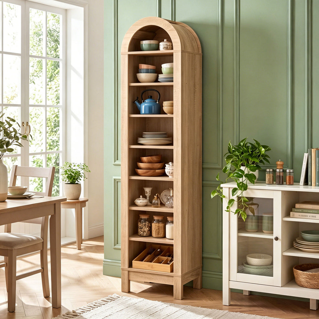 8-Tier Arch Bookshelf with Adjustable Shelves - Natural